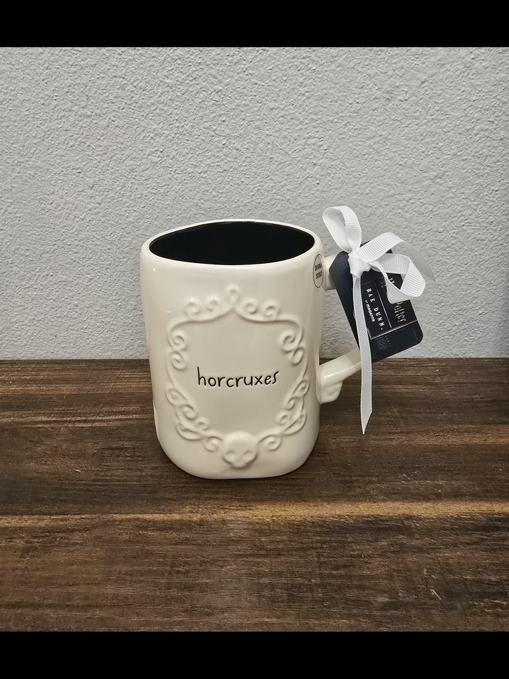 Rae Dunn Harry Potter White Mug with Black Interior - "horcruxes"